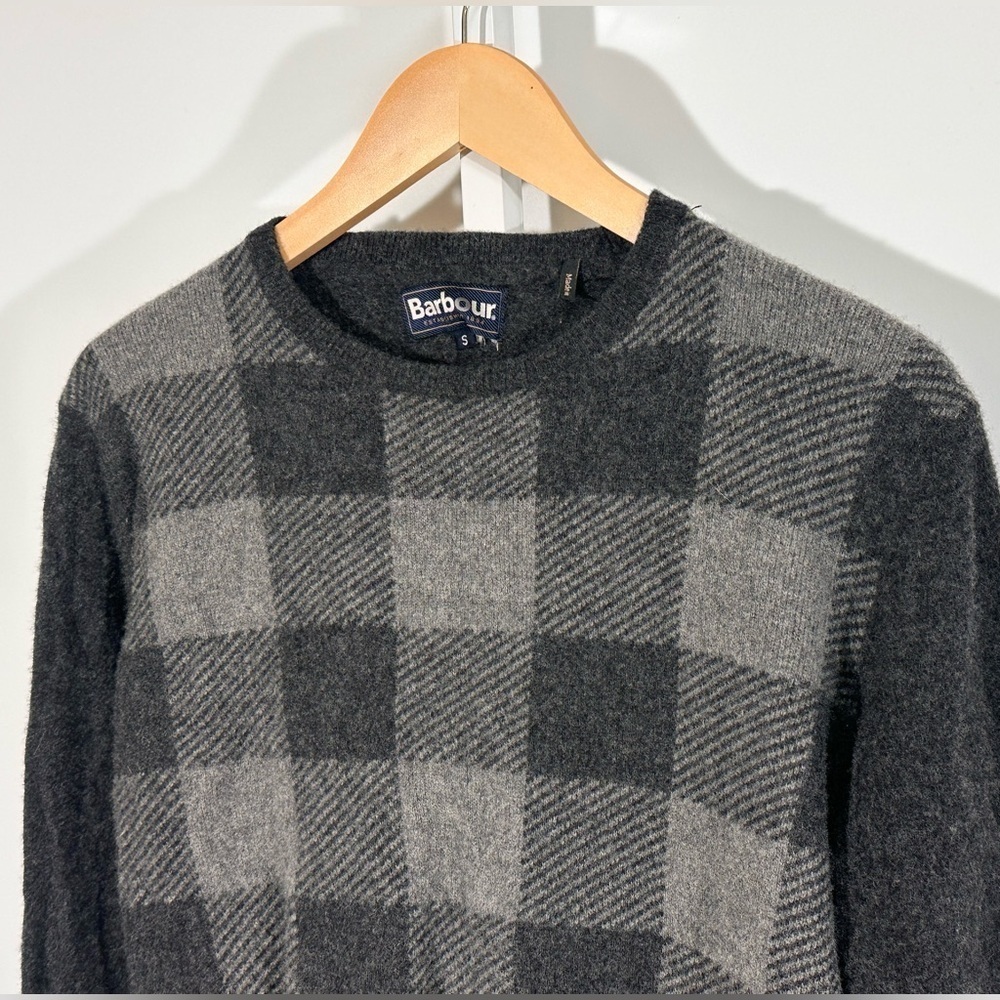 Barbour 100% Wool Buffalo Check Crewneck Sweater Gray Plaid Heritage Knit - Picture 2 of 6